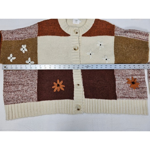 LUNA IVY Patchwork Knit Cardigan Sweater Floral Applique Earth Tones Women's L - Picture 8 of 9